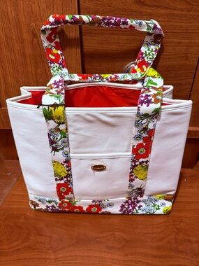 Coach White Canvas Tote with Floral Trim